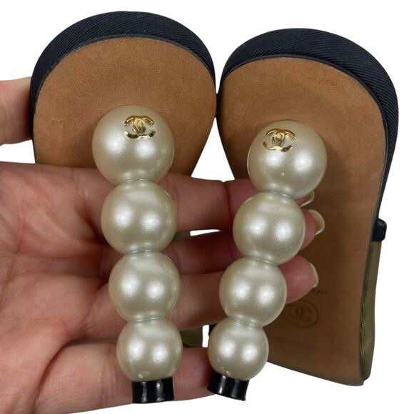 Chanel Mesh Goatskin Pearl Heel Mules Slip On Black Tan Size 37.5C - Picture 9 of 14